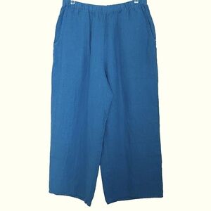 Flax Teal Linen Crop Wide Leg Pant Small Pull On Elastic Waist Pockets Lagenlook